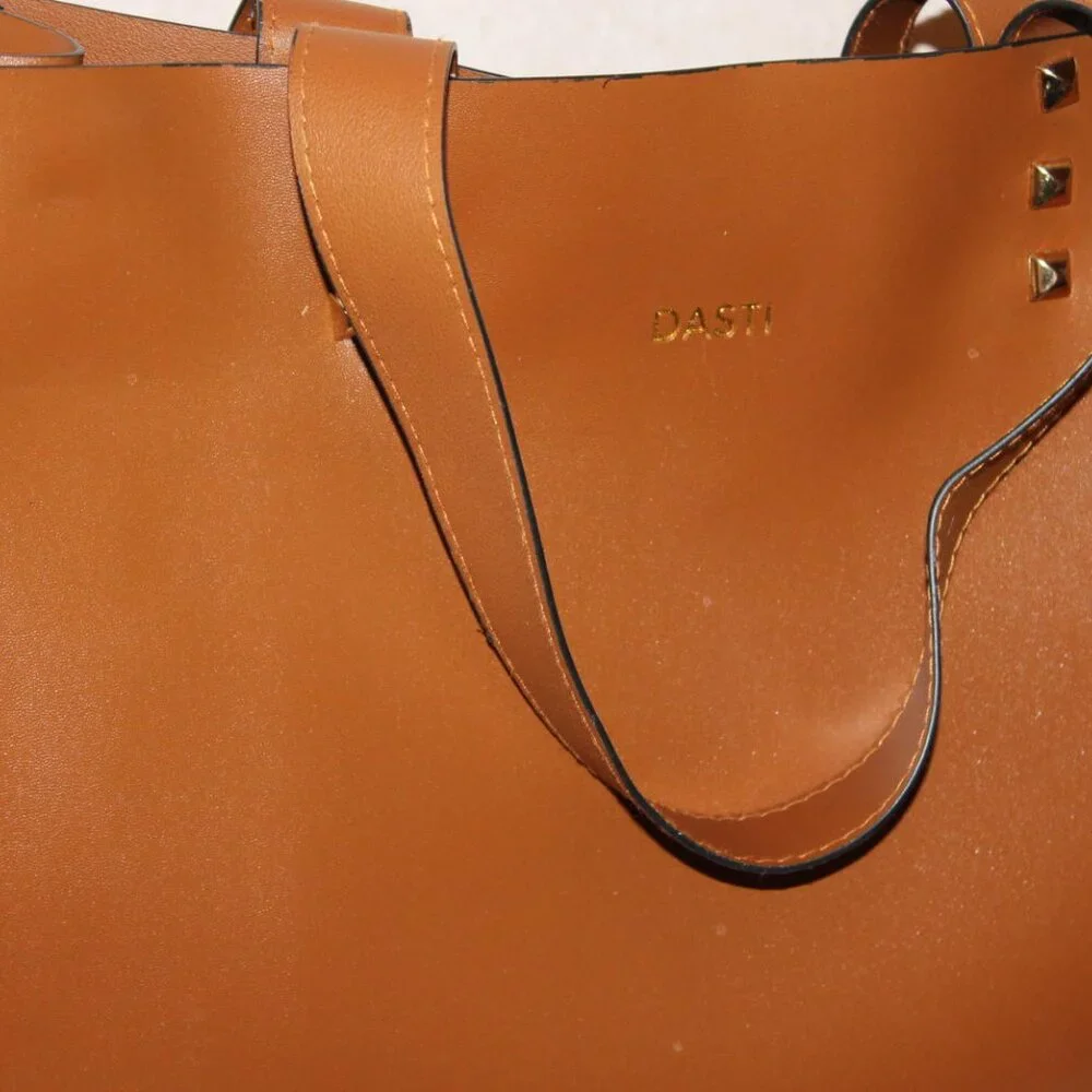 NEW Dasti Brown Cognac Studded Double Handled Tote Purse with Dust Bag - Picture 2 of 4